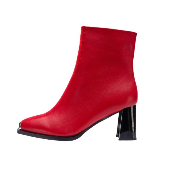 Stylish Contemporary Womens Warm Red Leather High Heel Ankle Chunky Boots - Picture 2 of 8